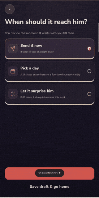 Send: decide the moment, then a pigeon carries it across the night sky